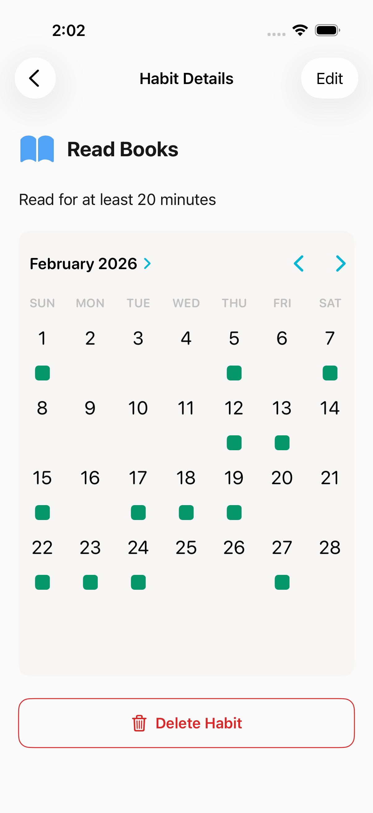 Habit detail with calendar visualization