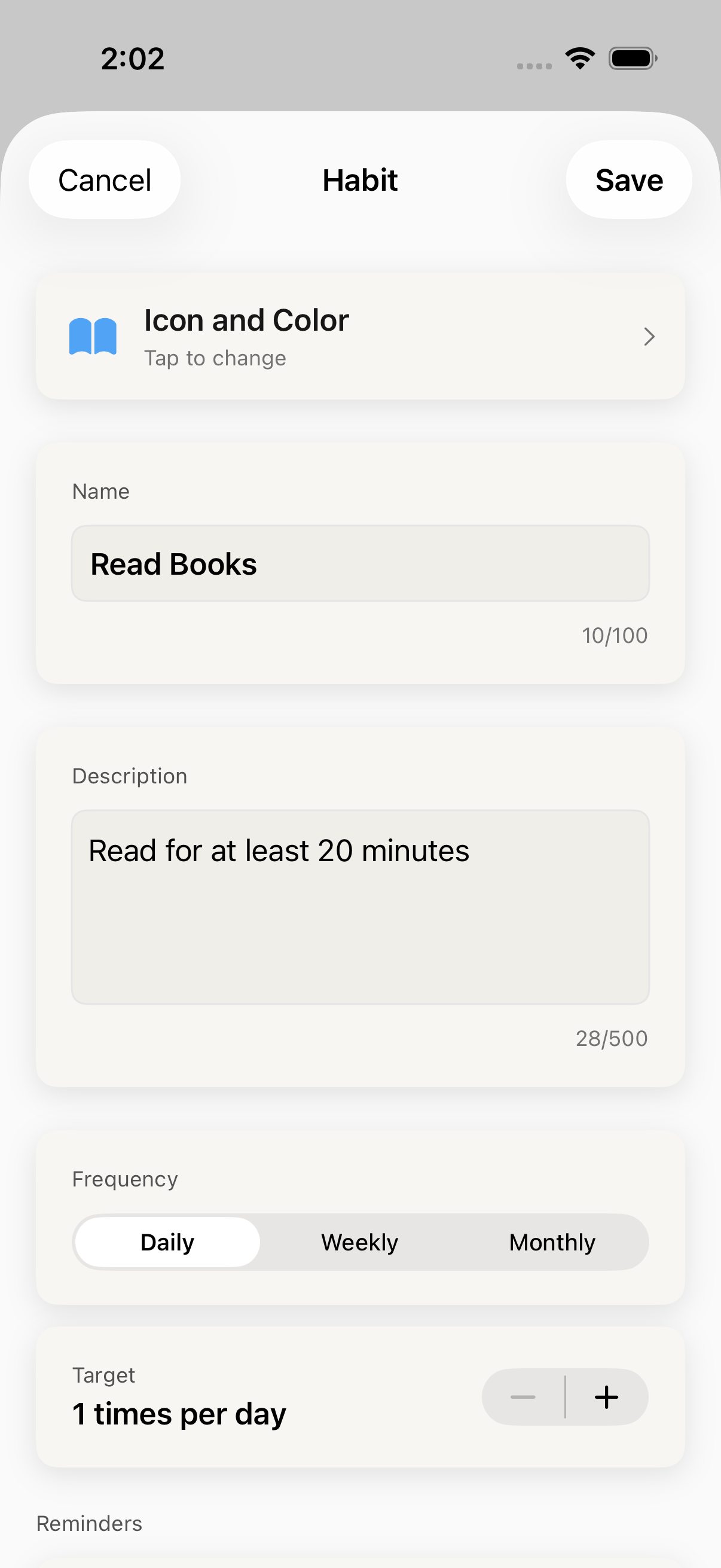 Habit editor with frequency and reminder settings