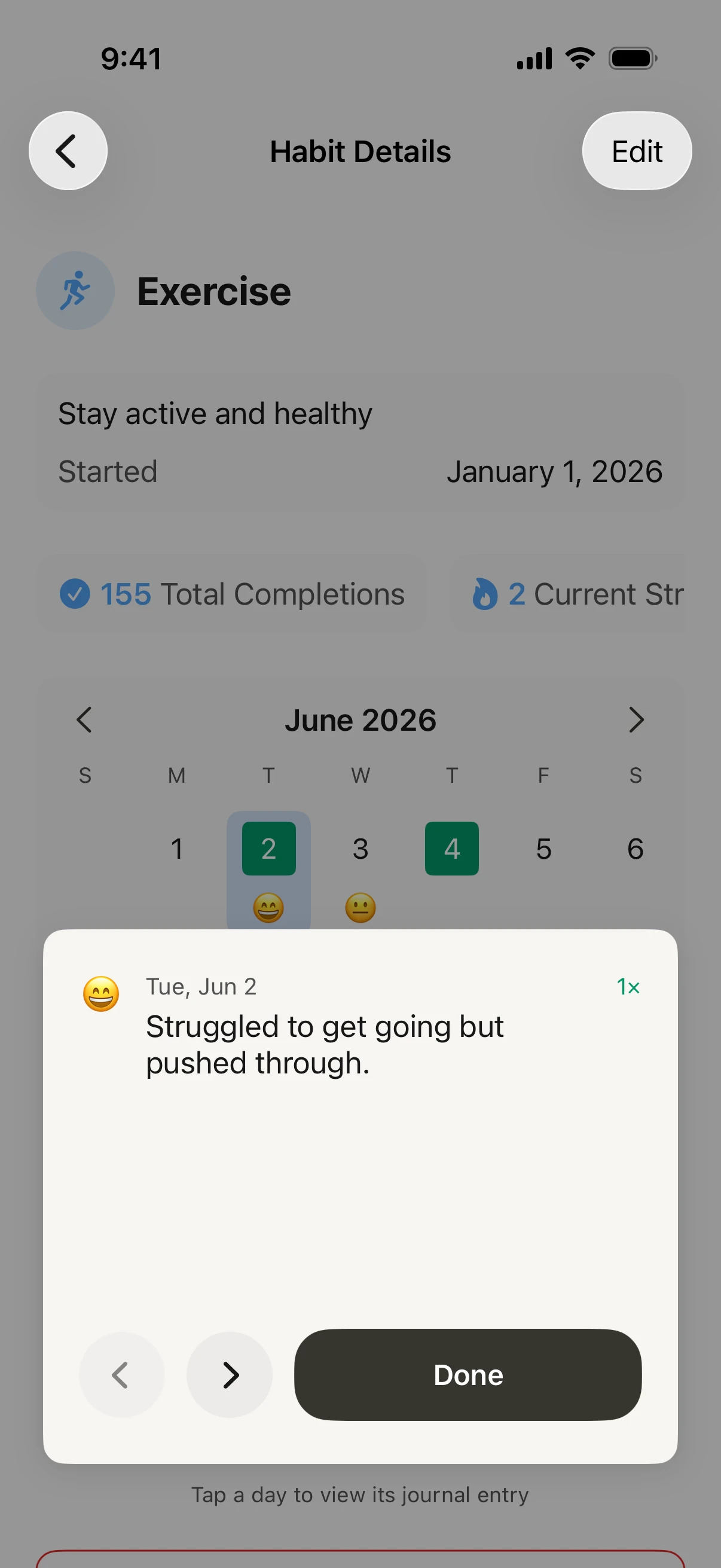 Reading back a past day's mood and note from the habit calendar in Habitin