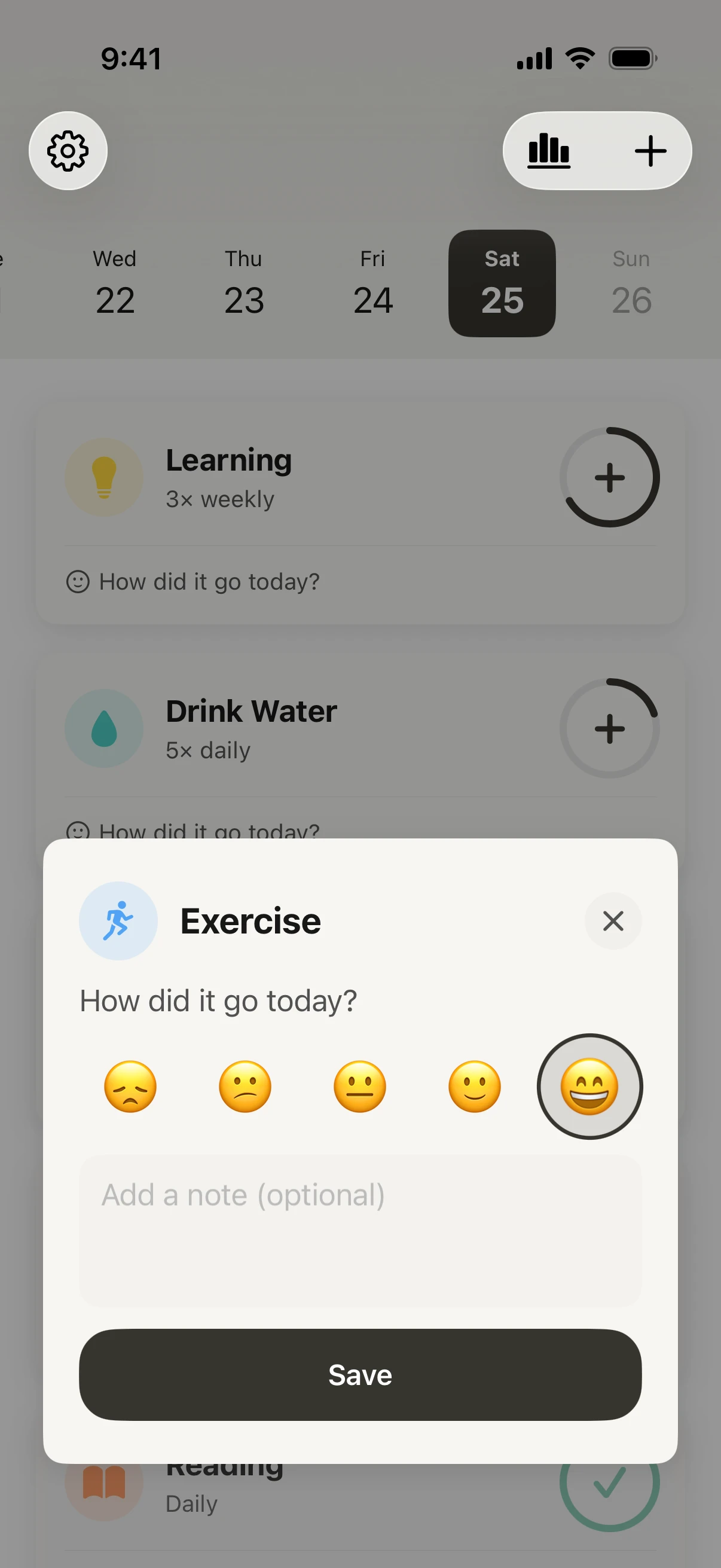 Rating how a habit felt on a five-point mood scale with an optional note in Habitin