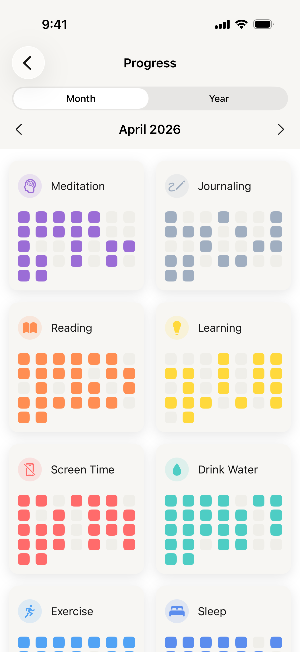 Habit progress month view — dot grid calendar in Habitin