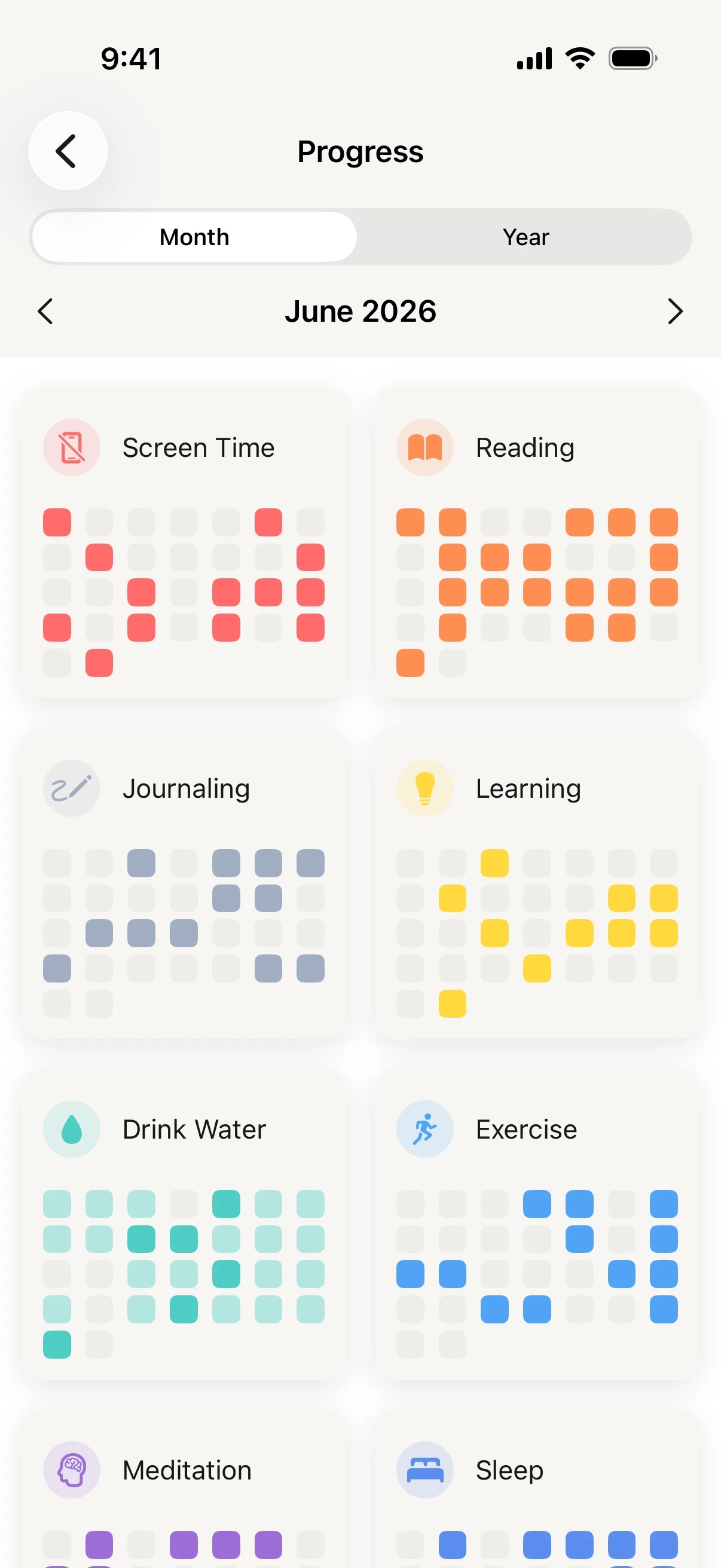 Habit progress month view — dot grid calendar in Habitin